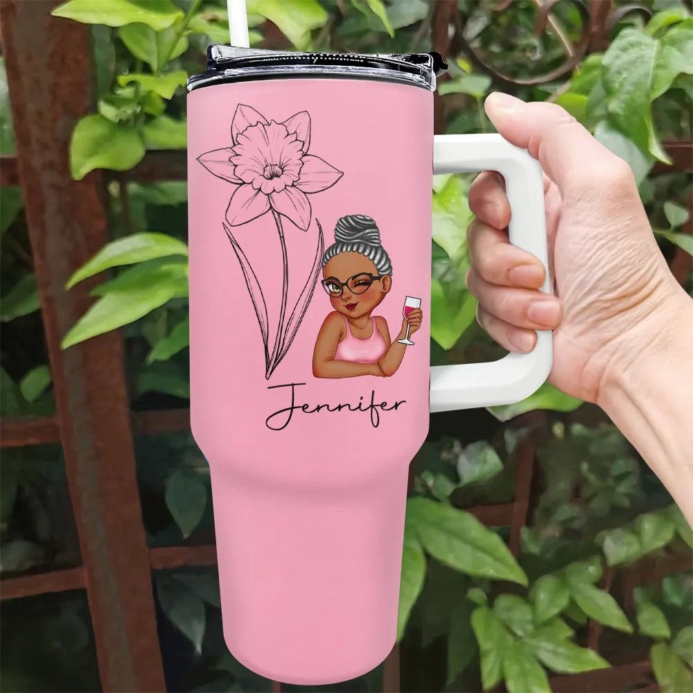 Bloom & Sip Birth Month Flowers Sketch Girl Personalized 40oz Tumbler With Straw