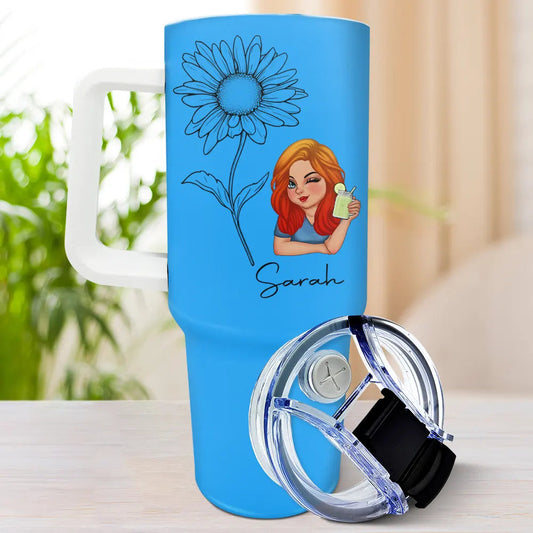 Bloom & Sip Birth Month Flowers Sketch Girl Personalized 40oz Tumbler With Straw
