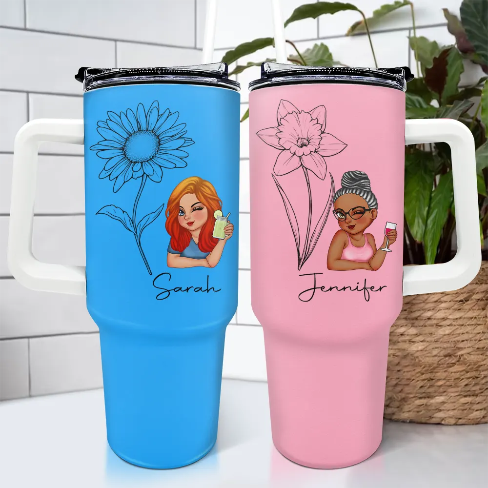 Bloom & Sip Birth Month Flowers Sketch Girl Personalized 40oz Tumbler With Straw