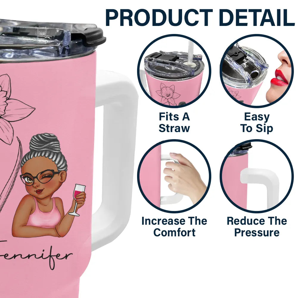 Bloom & Sip Birth Month Flowers Sketch Girl Personalized 40oz Tumbler With Straw