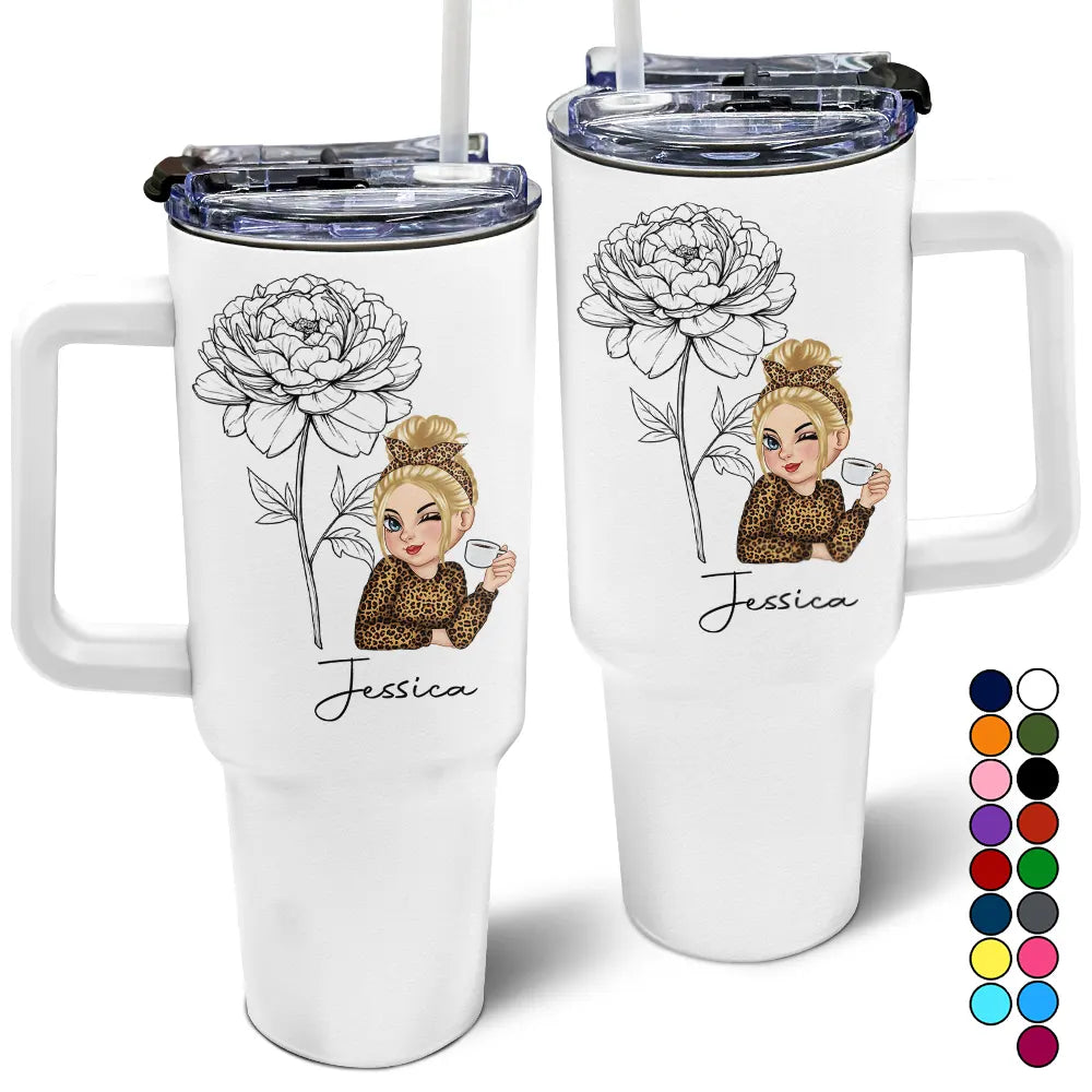 Bloom & Sip Birth Month Flowers Sketch Girl Personalized 40oz Tumbler With Straw