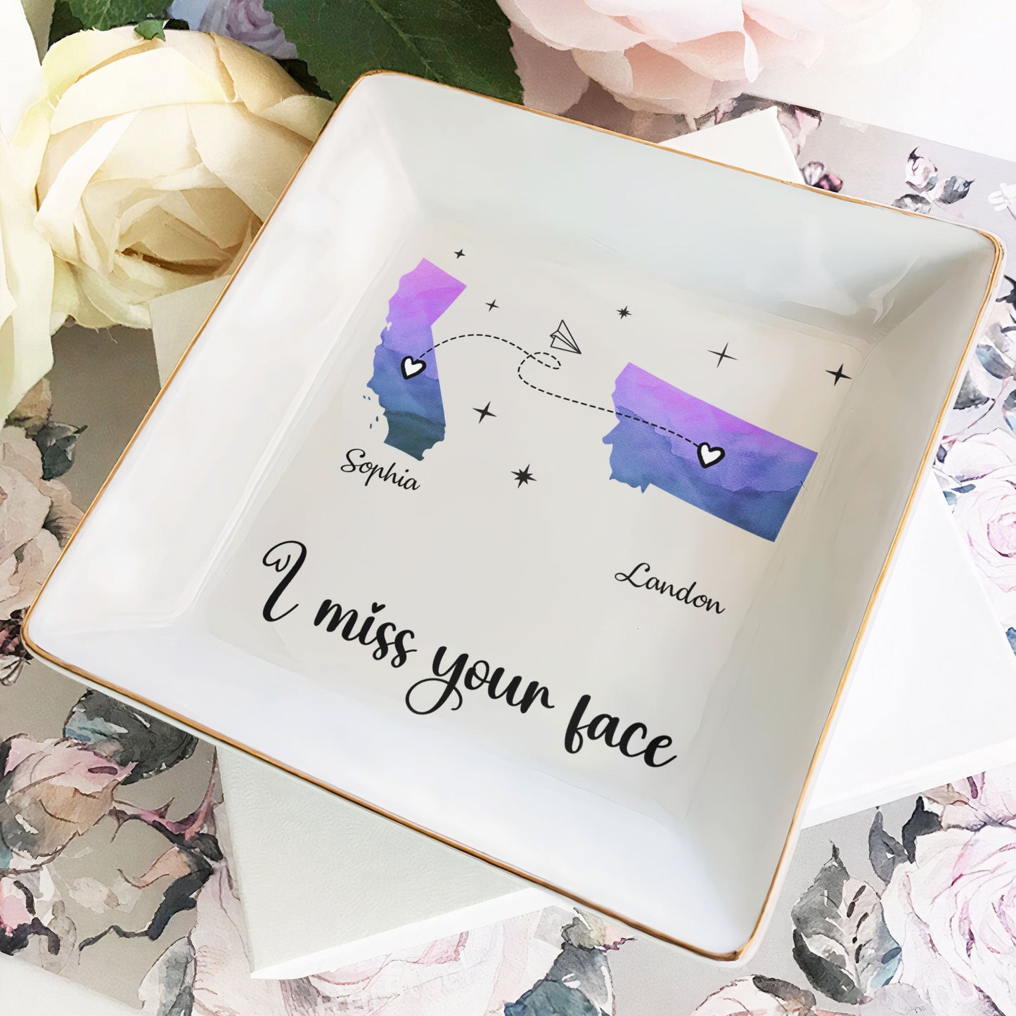 I Miss Your Face - Friendship - Close At Heart - Custom Multiple States - Personalized Jewelry Dish