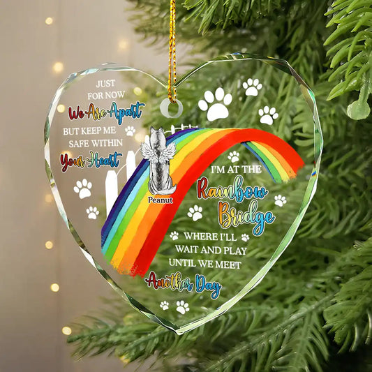Cherished Companions Personalized Heart Glass Ornament - Dog Cat Pet Memorial We'll Wait And Play At The Rainbow Bridge